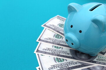  A piggy bank with dollars stands on a turquoise background.