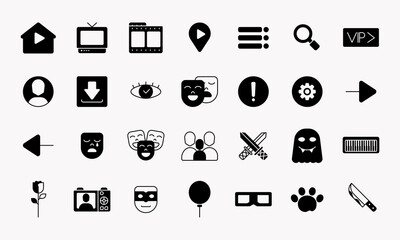 30 vector icons of movie watching app in glyph style. Perfect for mobile application, website, etc.