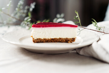 Close up of slice of fresh baked cheesecake