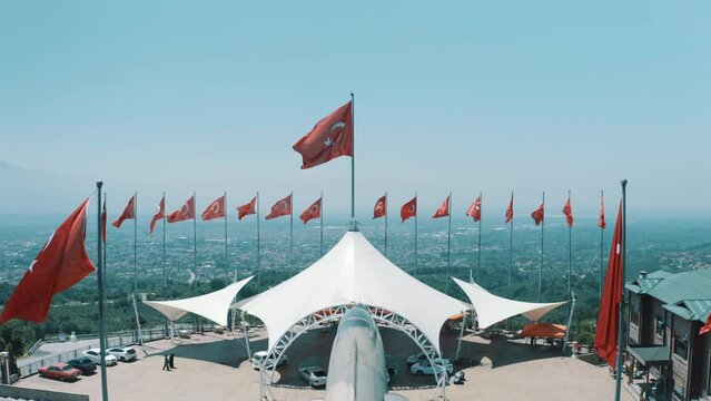 Aerial view of Turkish flag in Sakarya park. 4K Footage in Turkey