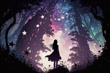 Fototapeta na wymiar silhouette of a girl lost in a forest staring up at the night sky full of enchanting stars beautiful computer desktop background