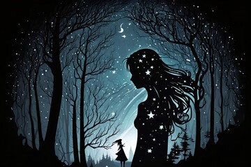 silhouette of a girl with stars in a fairytale setting like vintage art thoughtful and reflective computer desktop background
