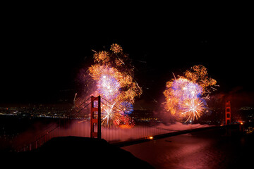 Fireworks display near Golden Gate Bridge, San Francisco, California, United States