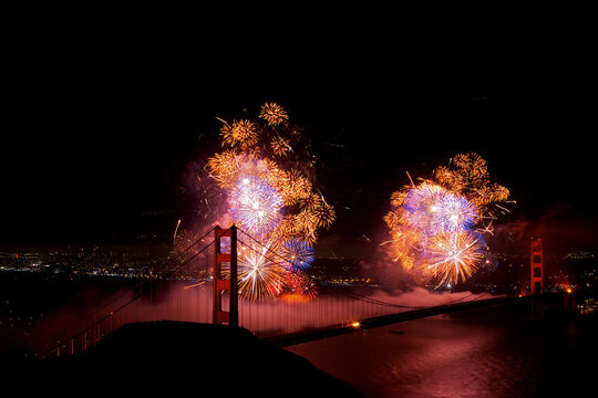 Fireworks display near Golden Gate Bridge, San Francisco, California, United States