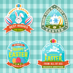 Set of happy easter holidays sticker, patch. Vector. Typography design with easter rabbit and colourful eggs. Modern minimal style. Easter Egg Hunt. Spring holiday