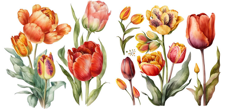 Colorful Tulips, Easter, Spring, Watercolor Illustrations - Generative AI