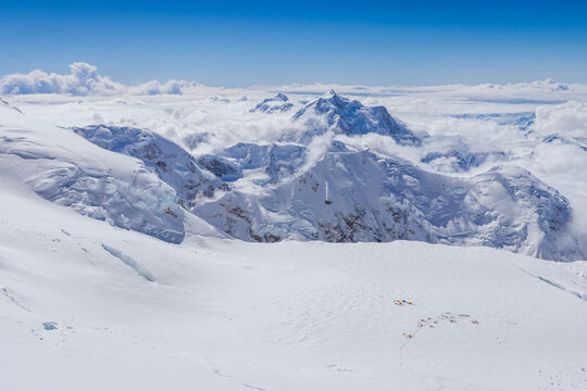 View down at 14k camp on Denali with Mount Foraker in background, Denali National Park, Alaska, USA