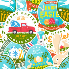 Set of happy easter holidays colorful seamless pattern with easter rabbit and colourful eggs. Vector. Background, wallpaper, seamless pattern with easter Egg, green grass, bunny.