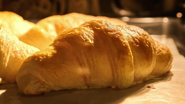 Homemade croissants baking in kitchen oven. Timelapse of freshly baked croissants. French bakery concept. Yummy pastry. Homemade bakery. Breakfast. Croissants rising up in oven. Close-up in 4K, UHD