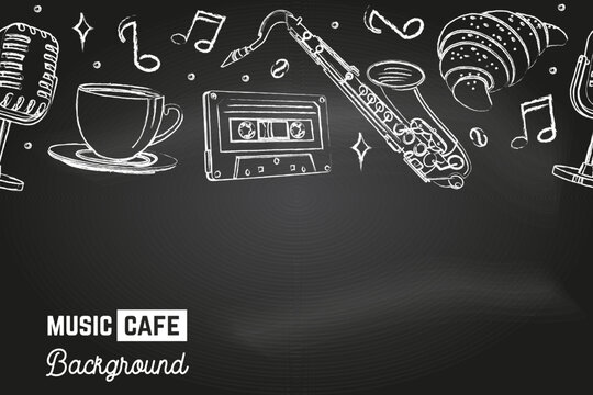 Seamless pattern with music instruments and coffee cup for music cafe, bar, pub. Music cafe background on the chalkboard. Vector illustration. Coffee, croissant, coffee cup, retro microphone