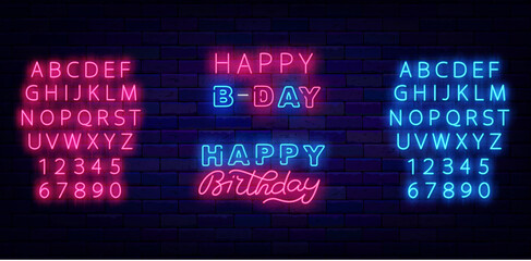 Happy Birthday neon labels collection. Happy Bday. Holiday celebration greeting card. Vector stock illustration