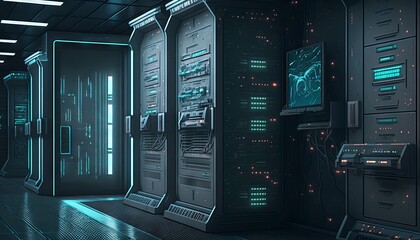 Futuristic server room data center. Generative AI