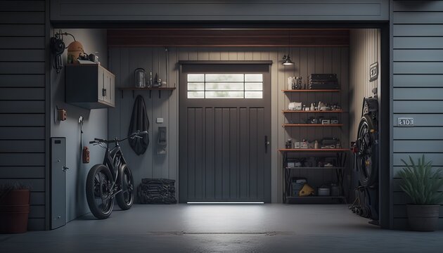 Generative AI of a garage interior with a bike and a garage door