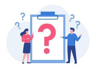 Concept illustration Frequently asked questions, people around question marks, perfect for web design, banner, mobile app, landing page, vector flat design