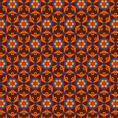 Abstract geometric pattern of bright decorative mosaic floral motifs in ethno-oriental style Brown background