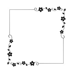 Botanical square frame. Hand drawn line border, leaves and flowers, wedding invitation and cards, logo design and posters template. Elegant minimal style floral vector isolated