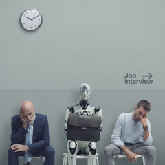 Tired job applicants and android robot