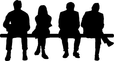 Silhouette of people in group sitting on bench in park, Silhouette Sitting Bench Illustrations andVectors