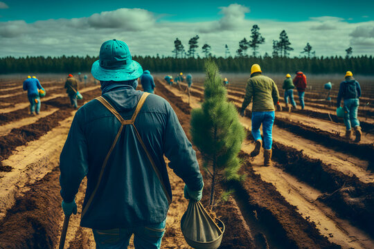 Rear view of a tree planter a man walks along the future tree planting sites full of pine seedlings for reforestation. People working in forest for sustainable afforestation. Generative AI