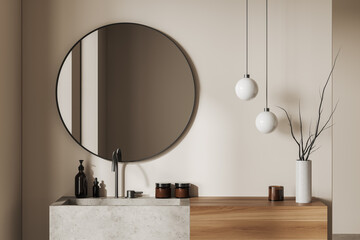Light bathroom interior with sink and mirror, accessories on deck