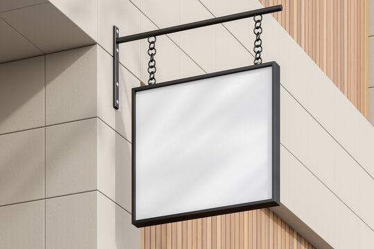 Mockup Empty Square Banner Hanging On The Street, Beige Building Facade