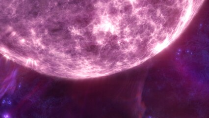 Super massive white star erupting solar flares close-up. 3D illustration concept of giant alien sun. Purple and black hostile dark matter space nebula. Hyperrealistic celestial supernova plasma burst.