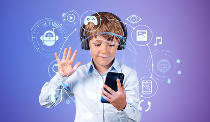 Child boy with smartphone, earth globe with digital chart bot ho - obrazy, fototapety, plakaty
