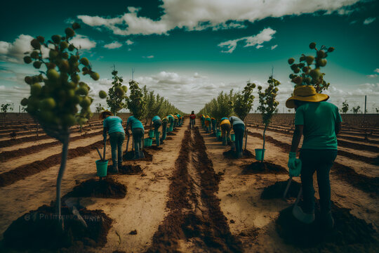 Rear view of tree planter man walks along future tree planting sites full of tropical rainforest, exotic seedlings reforestation. People working in forest for sustainable afforestation. Generative AI