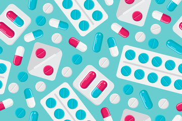 Seamless Pattern with Pills. Blisters with Capsules and Tablets. Vector illustration.