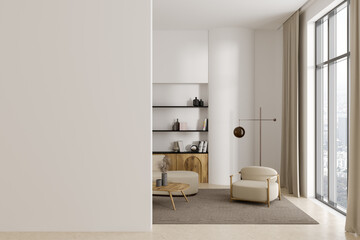 Fototapeta na wymiar White living room with armchair, bookcase and mock up wall