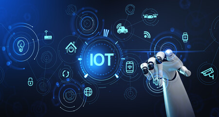 Fototapeta premium Robot hand touch IOT and digital icons, smart devices and connection