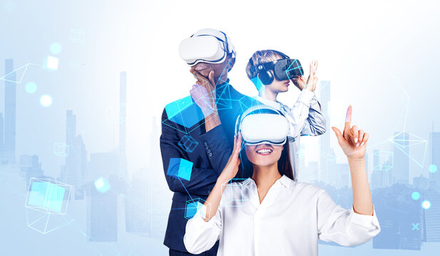 Teamwork of business people in vr glasses, data blocks in metave
