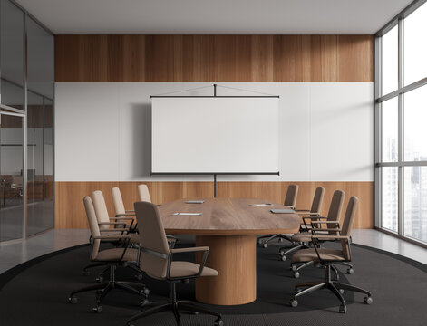 Modern meeting interior with board and mockup blank project screen