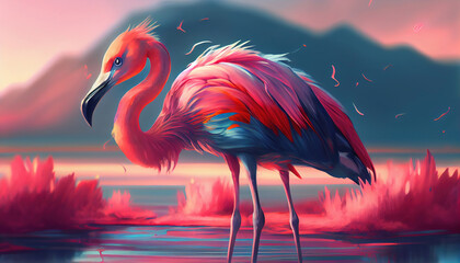 3D illustration cute character flamingo. Generative AI.