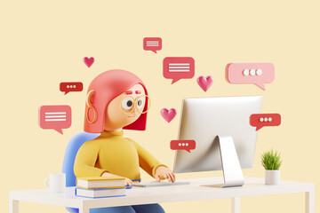 3d rendering. Cartoon woman working in computer, text messages and likes - obrazy, fototapety, plakaty