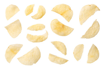 Cracked potato chips isolated on white background, top view.