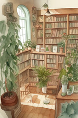 Fototapeta na wymiar A cozy coffee shop with books and plants, Coffee, Shop, Books, Plants, Cozy, Cafe, Reading, Atmosphere, Relaxation, Ambience, Warmth, Comfort, Bookshelves, Greenery, Relaxing music, Nooks, Comfy chair