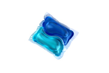 One blue laundry capsule lies on a white background.