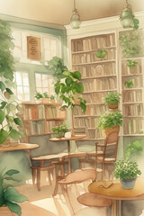 Fototapeta na wymiar A cozy coffee shop with books and plants, Coffee, Shop, Books, Plants, Cozy, Cafe, Reading, Atmosphere, Relaxation, Ambience, Warmth, Comfort, Bookshelves, Greenery, Relaxing music, Nooks, Comfy chair