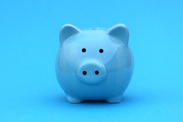 A blue piggy bank stands on a blue background.