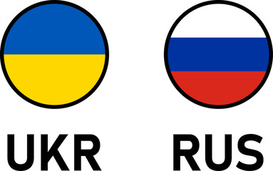 Round Flag Selection Button Badge Icon Set with Ukraine and Russia Flags with Country Codes UKR and RUS and Contour Outline. Vector Image.