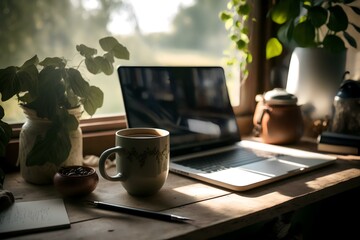 close-up shot of a laptop, a coffee mug, and some stationery on a wooden desk with natural light and plants in the background (AI Generated)