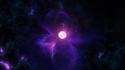 Super massive white star erupting solar flares. 3D illustration concept of giant alien sun against purple and black hostile dark matter space nebula. Hyperrealistic celestial supernova plasma burst.