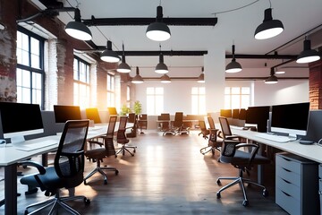 wide-angle shot of a modern loft open space office with empty chairs, tables, and monitors (AI Generated)