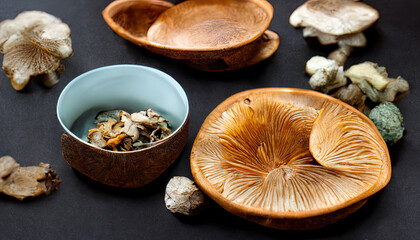 Fototapeta premium Different fresh wild mushrooms in bowl on wooden background, top view. Generative Ai