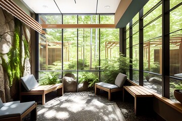 biophilic and sustainable space that incorporates natural elements such as plants, water, sunlight and recycled materials (AI Generated)
