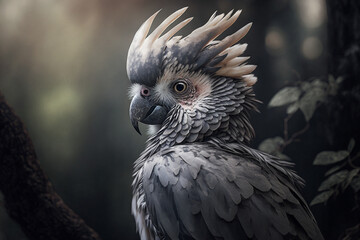 Cinematic portrait of a Cockatoo perched in the lush forest
