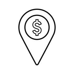 Dollar inside map, bank location icon. Outline Design.
