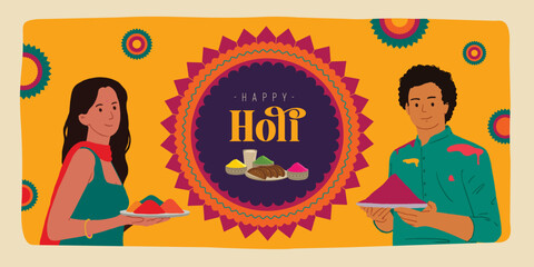 Happy Holi text with Indian couple playing colorful Holi with food and dry colors. Holi festival design template for website banner, social post, invitation card, and poster design