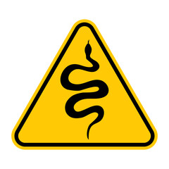 Snakes warning sign. Vector illustration of yellow triangle sign with venomous snake icon inside. Risk of snakebite. Hazard symbol. Dangerous area. High probability of poisoning with reptile venom.